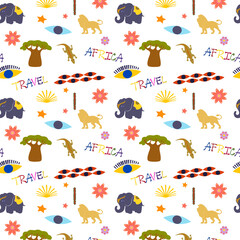 A pattern with a lion and an elephant and words -Africa and travel