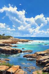 Fototapeta na wymiar a painting of a rocky shore and water, in the style of realistic blue skies. AI generative