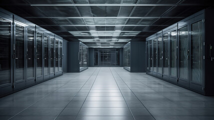 Data Center Server Room. Network Communication, Server Racks, and Telecommunication Equipment in a Cutting-Edge Technology Background. generative ai