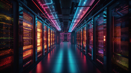 Data Center Server Room. Network Communication, Colorful Neon Server Racks, and Telecommunication Equipment, Optical fiber in a Cutting-Edge Technology Background. generative ai - obrazy, fototapety, plakaty