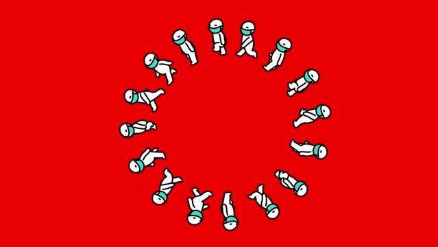 White cartoon stickmen with  medical masks in a circle redbox isolated. Character animation good for business explainer, etc... Ecology, science, business... Seamless loop.