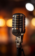 The microphone on stage and bokeh background on studio. Close up.Karaoke, podcasts, recording studio, music background