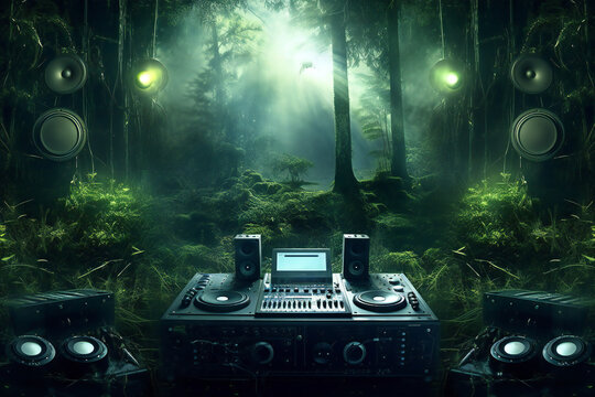 Psytrance, Techno, Rave Music Festival DJ Stock Photos: Summer Beach, Psychedelic Trance, Audio Record Turntable, Vinyl Party Sound Disco Technology Equipment Club Dance Retro Mixer Sun Generative AI