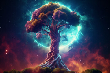 Yggdrasil world tree in a galactic nebula. Generative ai