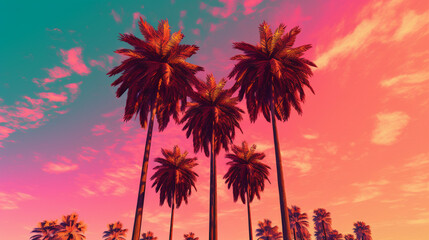 Fototapeta na wymiar Summer sunset sky and palms. Generative ai