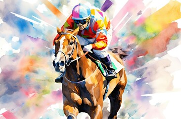 Watercolor drawing of a jockey riding a horse