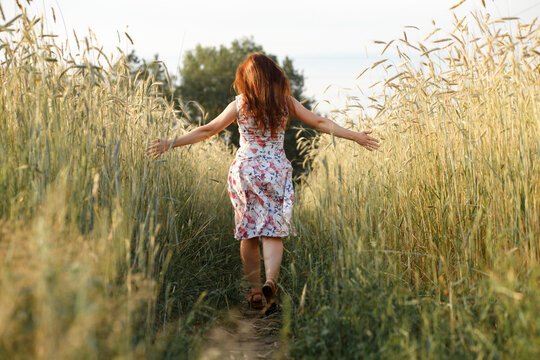 A young woman runs away into a summer wheat field, viewed from the back. Flowing hair, youth, happiness, village life.