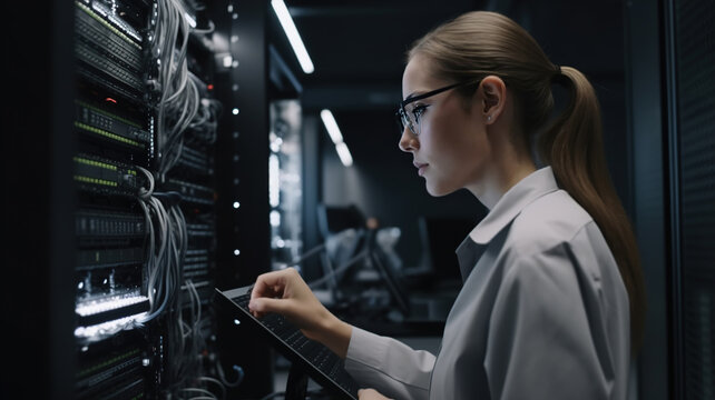 Female Technician Working at Data Center. Management Conducting System Servers Diagnostics and Maintenance in a High-Tech Environment. Digital Technology System Administrator. generative ai