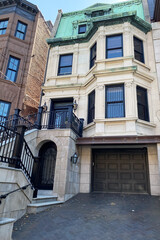 Fototapeta na wymiar Hoboken, NJ, USA, brownstone entrance, facade of the building, staircase leading to the door