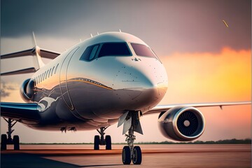 Fototapeta na wymiar Closeup view of private jet airplane parked at outside and waiting business persons. Luxury tourism and business travel transportation concept.,