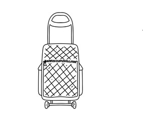 Shopping bag on wheels in hand drawn doodle style. Vector illustration isolated on white. Coloring page.