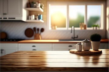 Fototapeta na wymiar Scandinavian architecture, Wooden table top on blur kitchen room background, kitchen room interior,