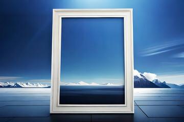 Empty white photo frame on blue background