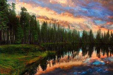 sunset over the river and forest. Painting generated by Ai