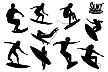 Collection of isolated surf silhouettes in different views. High detail. Graphic resources. - obrazy, fototapety, plakaty