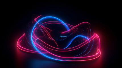 An image of a 3D render. Abstract futuristic neon background. Red pink blue rounded lines, glowing in the dark. Ultraviolet spectrum. Cyber space. Minimalist.