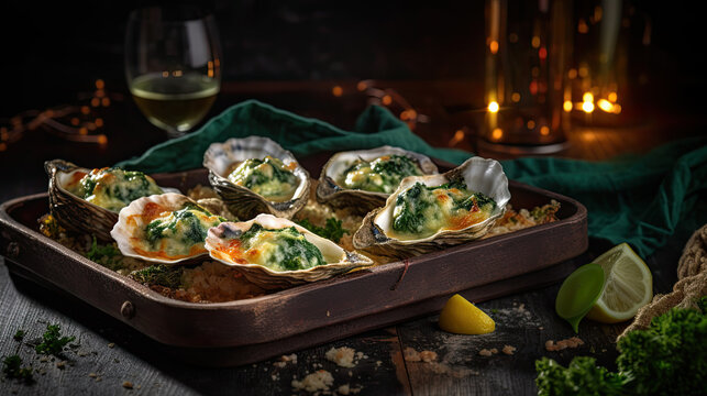 Illustration of oysters rockefeller food - AI generated image.