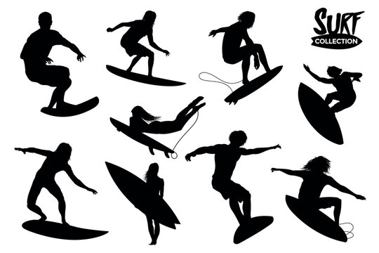 Collection of isolated surf silhouettes in different views. High detail. Graphic resources.
