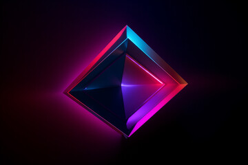 An image of a minimalist neon rhombus with a gradient of purple and blue hues against a clean dark red background.