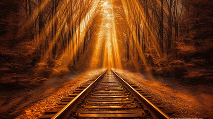 Fototapeta na wymiar Train rails goes through the autumn forest. Generative AI