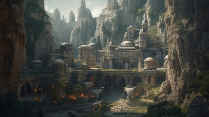 An ancient city built in the rock. Generative AI