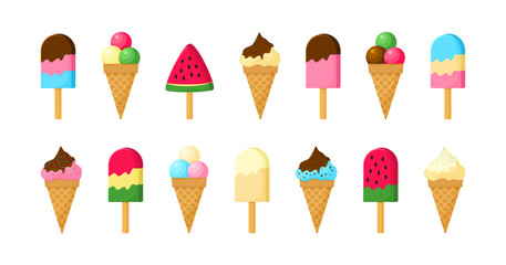 Ice cream cone and stick, summer sundae, cartoon waffle vector icon. Soft dessert different flavor. Sweet food set isolated on white background. Candy illustration