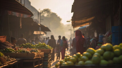 Arabic city street flowers vegetables and fruits bazar marketplace , people and buying p food,generated ai - obrazy, fototapety, plakaty