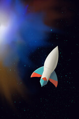 A futuristic alien shuttle flies in space against the glowing nebula. Endless space and a flying UFO rocket in a cartoon sci-fi style illustration.