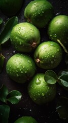 Fresh Organic Feijoa Fruit Photorealistic Vertical Background. Healthy Vegetarian Diet. Ai Generated Lifelike Background with Delicious Juicy Feijoa Fruit. Generative AI