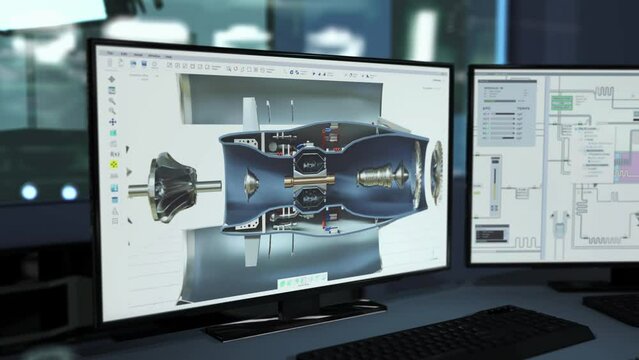 Computer Screen Displays Machinery Engineering Program Designing Turbine Mechanisms. Computer Assisted Engineering. Machinery Manufacturing. 3D CAD Computer Software For Machinery Engineering