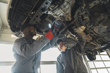 Two male auto mechanics replacing a clutch in a car on hydraulic lift, low angle shot. High quality...