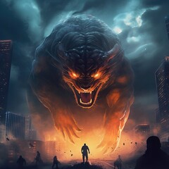 Giant tiger monster kaiju destroying city - obrazy, fototapety, plakaty