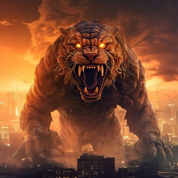 Giant kaiju tiger monster destroying city