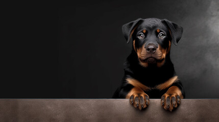 Obraz premium cute Rottweiler sitting in front of an empty poster with room for text, black background