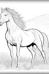 Fototapeta na wymiar coloring page of palomino horse, black and white, coloring book page for kids, no noise, crisp thick lines, outline Art
