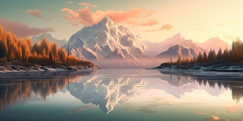 Tranquil Lake, Snow-Covered Peaks, and Golden Hour Sky  Generative AI Digital Illustration Part#070623 