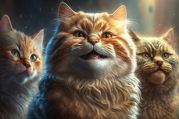 Portrait of a Smiling Cat and its Two Companions. Mixed breeds gray, white and black color kitten. Realistic, smile funny animal concept image. Made with Generative AI