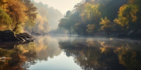 Tranquil River, Reflections of Autumn Trees, and Gentle Mist Floating Above the Water  Generative AI Digital Illustration Part#070623 