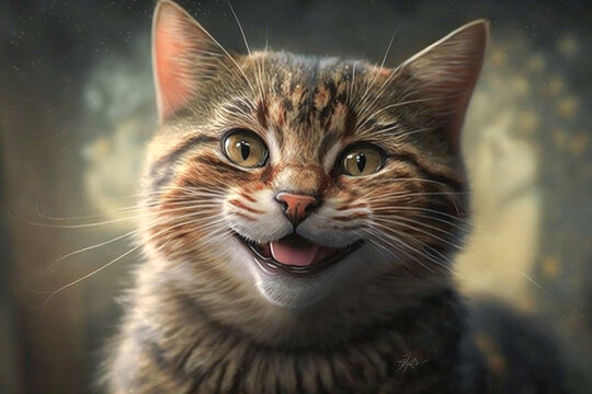 Portrait of a cute smiling cat. Mixed breeds gray, white and black color kitten. Realistic, smile funny animal concept image. Made with Generative AI