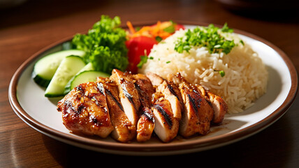 Grilled chicken teriyaki rice on a restaurant background