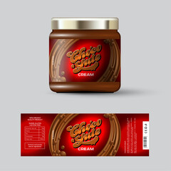 Chocolate Cream label and packaging. Glass jar template with cap and label.  Lettering of melted chocolate letters in a chocolate swirl.