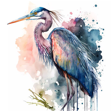 Watercolor blue heron painting. Realistic bird illustration. Created with Generative AI technology.