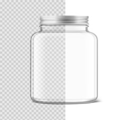 Realistic clear glass jar mockup. Vector illustration isolated on transparent background. Can be use for your design, advertising, promo and etc. EPS10.	