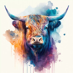 Watercolor colorful highland cow painting. Realistic animal portrait illustration. Created with Generative AI technology. - obrazy, fototapety, plakaty