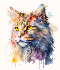 Watercolor Maine Coon cat painting on white background. Realistic pet face illustration. Created with Generative AI technology.