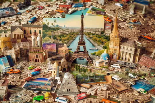 Travel Collage Made of Paris France Tourist Post Cards. Generative ai