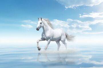 Beautiful White Horse Running with Blue Sky in Background. Generative ai