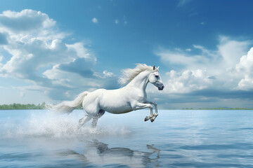 Beautiful White Horse Running with Blue Sky in Background. Generative ai
