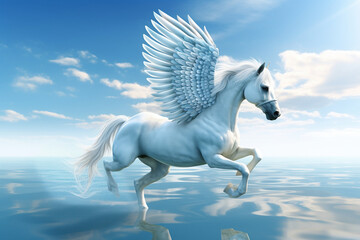 Obraz na płótnie Canvas Beautiful Flying White Horse Running with Blue Sky in Background. Generative ai