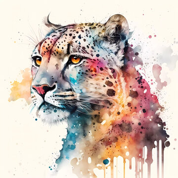 Watercolor snow leopard isolated on white background. Colorful animal illustration. Generative AI.